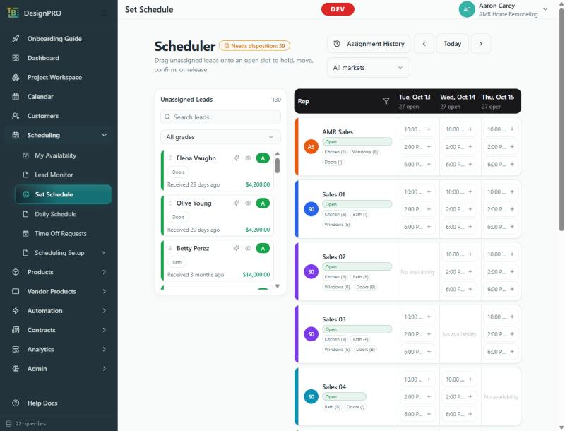The ApptPro scheduler with unassigned leads beside rep availability by day